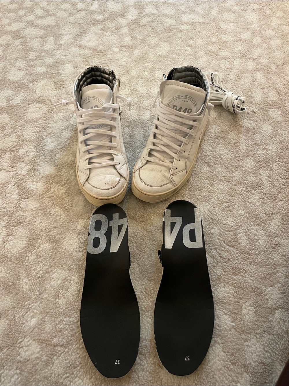 P448 Skate White Gravel High-Top Sneakers with Black Insoles- Great Shape